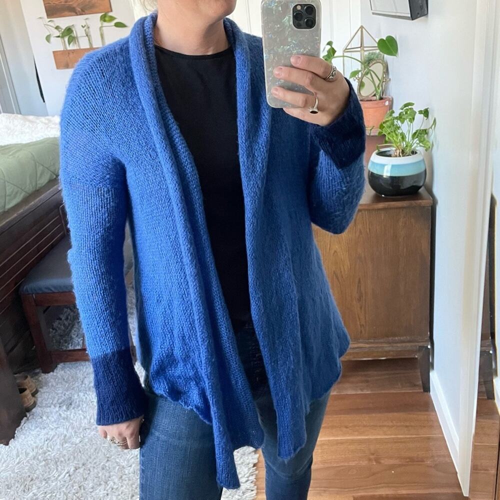 Wooden Ships Women’s Blue Color Block Knit Acrylic Mohair Wool Open Cardigan S/M